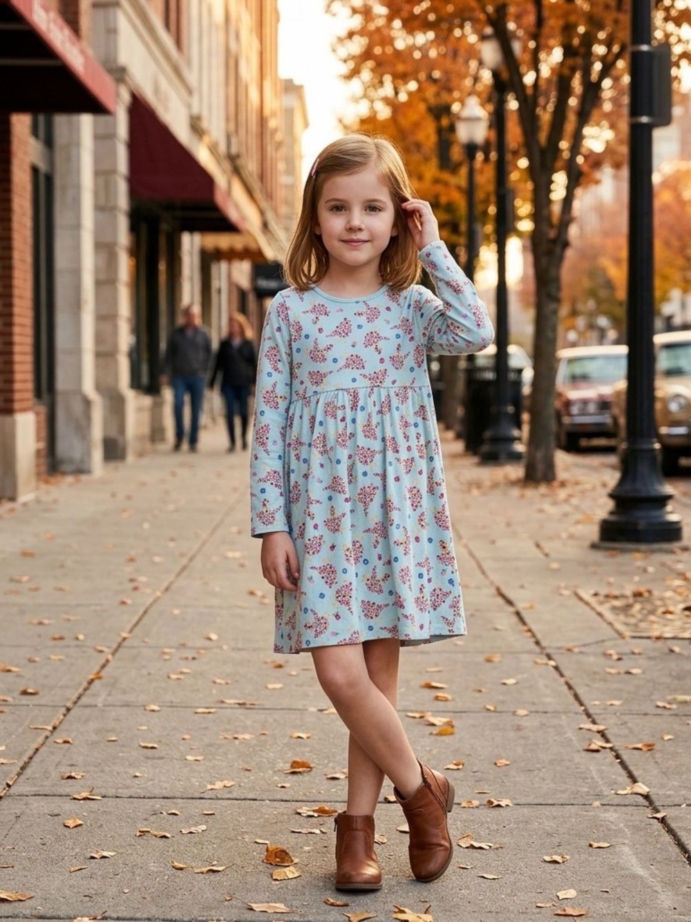 L.L. Bean Girls Floral Giraffe Long Sleeve Cotton Jersey Dress